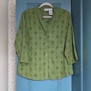 💚 White Stag  XL Linen Green Button-Up Shirt Floral Pattern